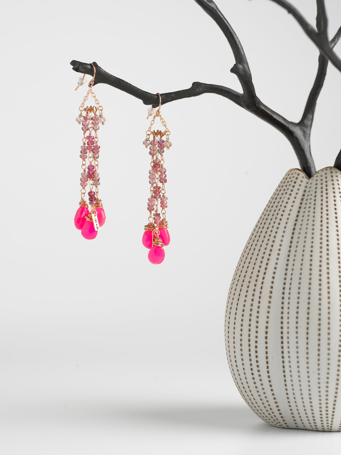 Pink Tourmaline & Chalcedony Cascade Earrings
