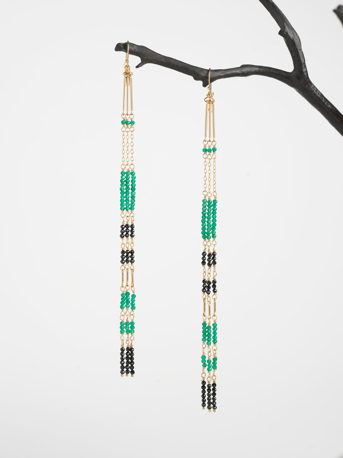 Green Onyx & Black Tourmaline Tassel Earrings