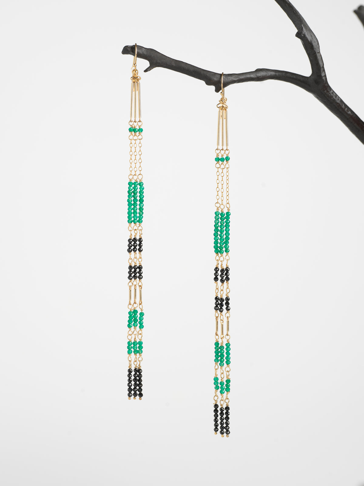 Green Onyx & Black Tourmaline Tassel Earrings